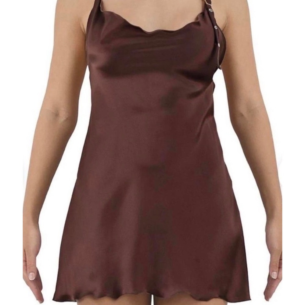 Heart of Sun Swim Chocolate Brown 100% Silk Cowl Neck Open Back Mini Dress M - Picture 2 of 7